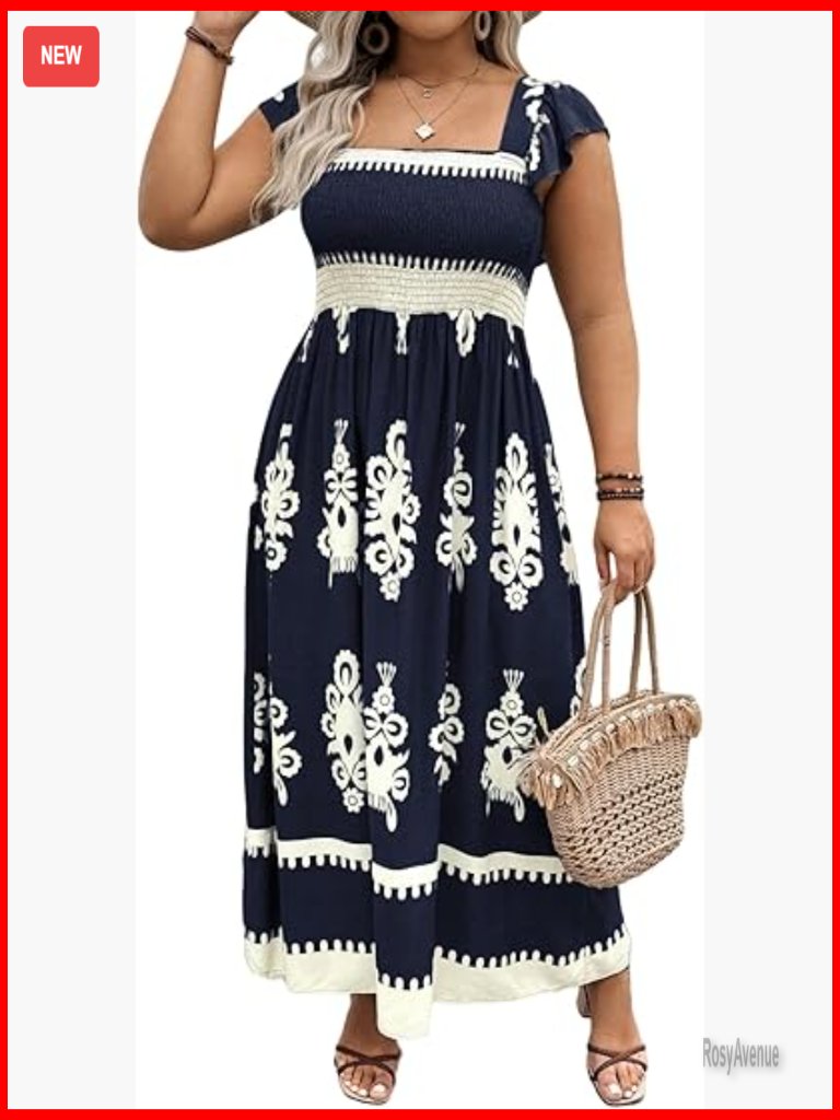 Plus Size Square Neck Tie Back Smocked Flutter Sleeve Maxi Boho Dress